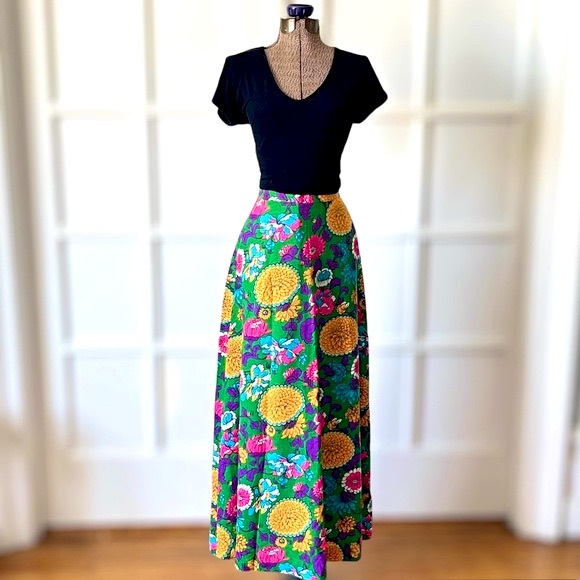 Vintage Maxi Skirt 60s 70s Floral Hippie Mod Festival Skirt Long Flower Cotton - Picture 2 of 8